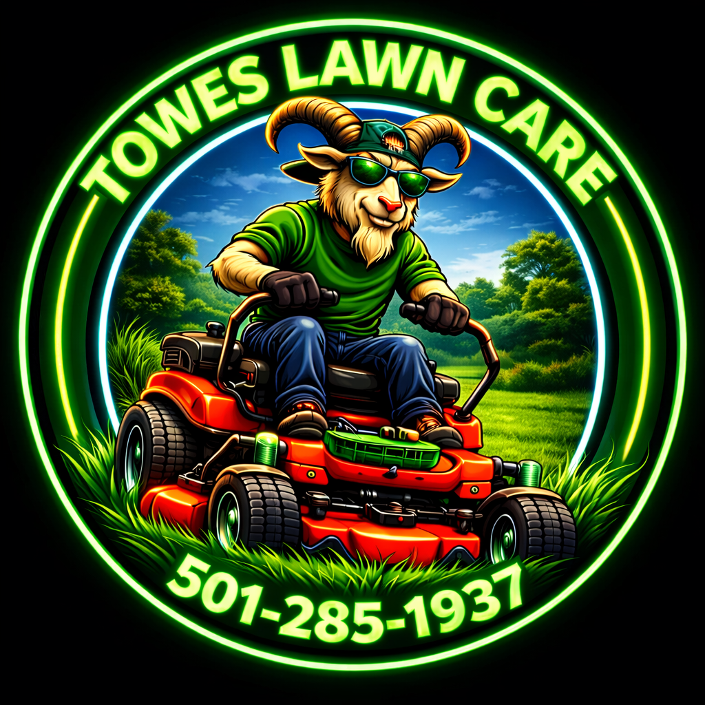 Towes Lawn Care logo with a goat riding a mower and phone number 501-285-1937